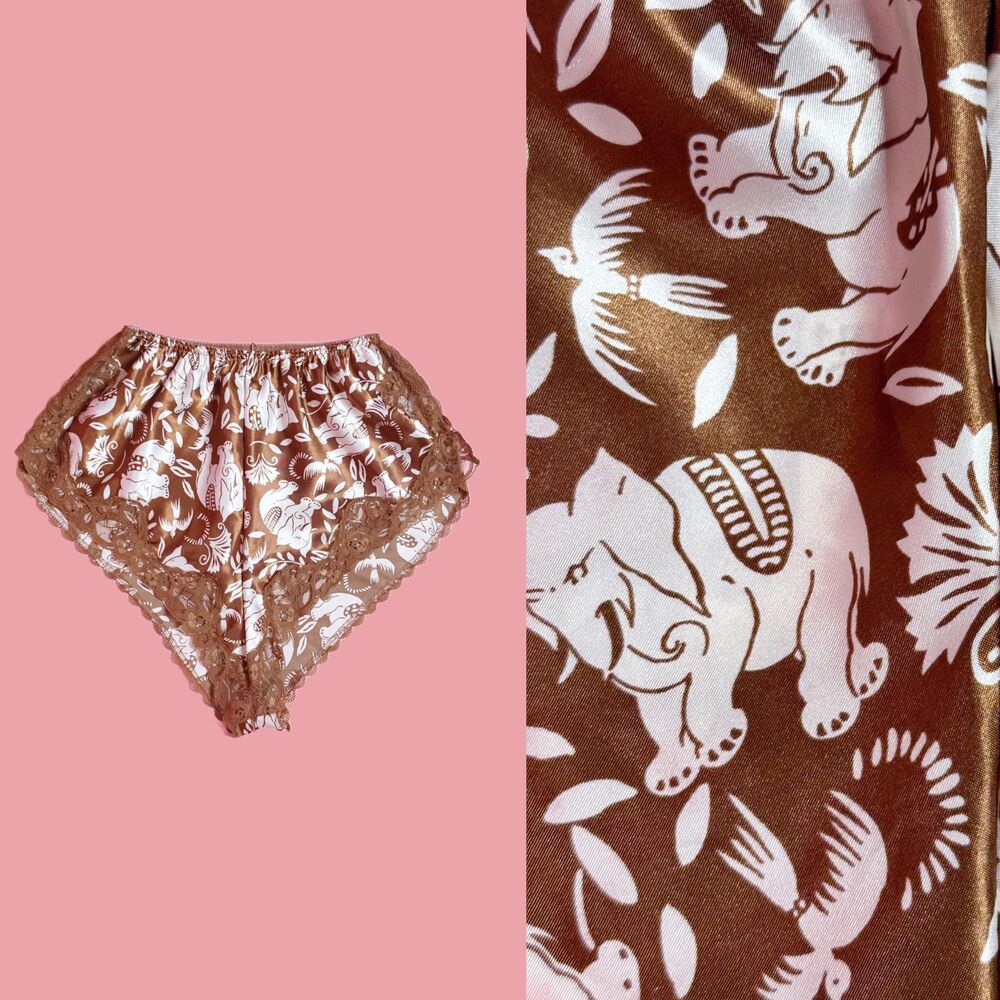 1980s VALENTINO INTIMO. Satin ELEPHANT & Bird Print Lace Trim Tap Shorts. XS-S